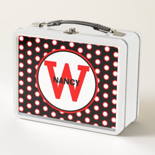 Red Black White Polka Dots NAME Metal Lunch Box