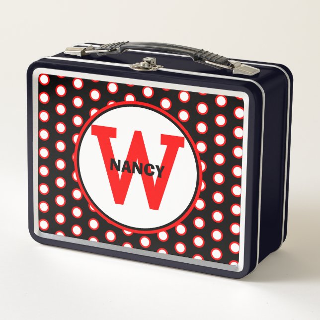 Red Black White Polka Dots NAME Metal Lunch Box (Front)