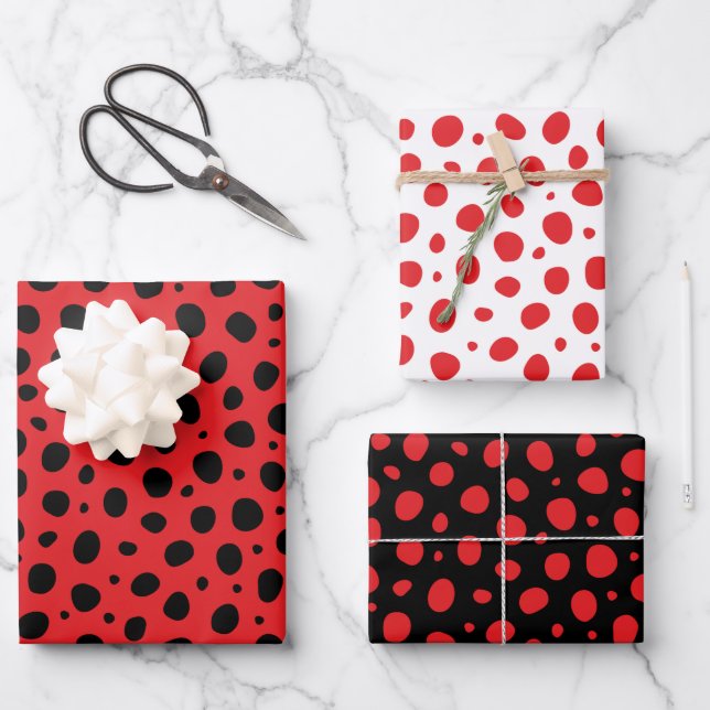 Red Black White Polka Dots Pattern Wrapping Paper Sheets (Front)