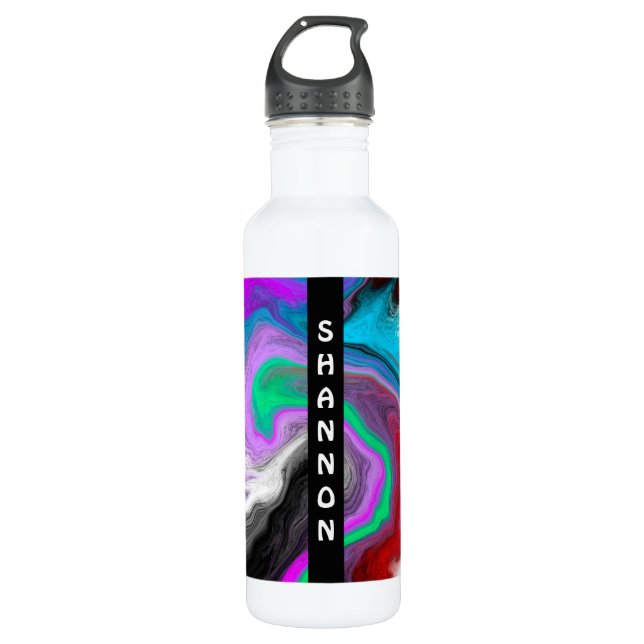 Red, Black, White, Purple, Blue Fluid Art Marble Stainless Steel Water Bottle (Front)