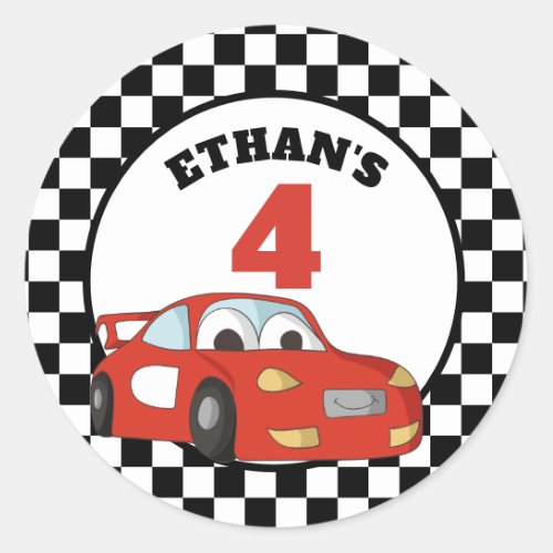 Red Black White Race Car 4th Birthday Party Classic Round Sticker