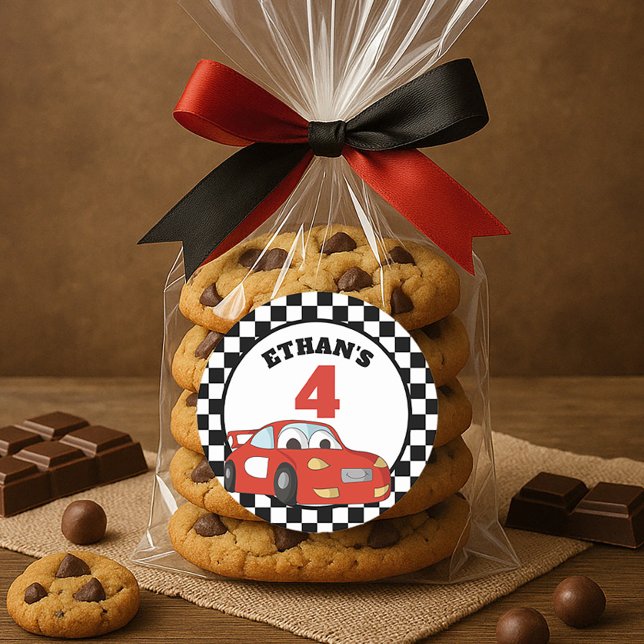 Red Black White Race Car 4th Birthday Party Classic Round Sticker (Red race car child's birthday party favor bag sticker)