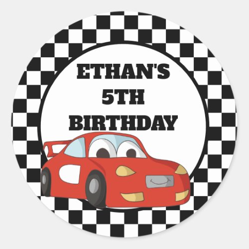 Red Black White Race Car Birthday Party Classic Round Sticker