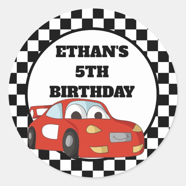 Red Black White Race Car Birthday Party Classic Round Sticker (Front)