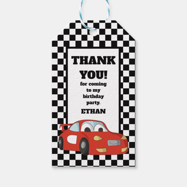Red Black White Race Car Birthday Party Gift Tags (Front)