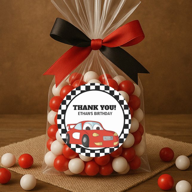 Red Black White Race Car Birthday Party Thank You Classic Round Sticker (Red race car birthday party thank you sticker)