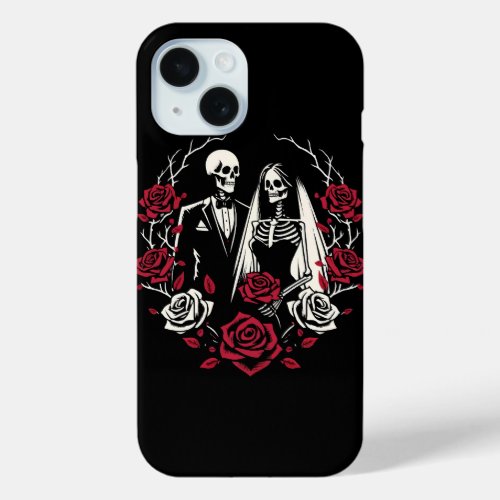 Red  Black White Roses Skeleton Couple Wedding  iPhone 15 Case