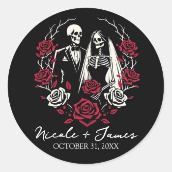 Red & Black White Roses Skeleton Couple Wedding  Classic Round Sticker by printabledigidesigns at Zazzle