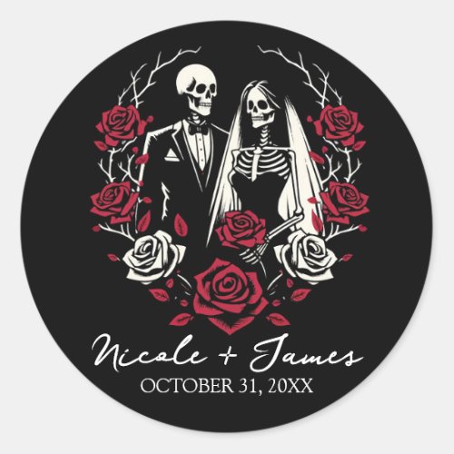 Red  Black White Roses Skeleton Couple Wedding  Classic Round Sticker