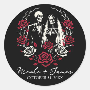 Red & Black White Roses Skeleton Couple Wedding  Classic Round Sticker