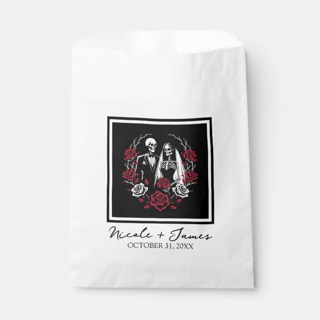 Red & Black White Roses Skeleton Couple Wedding  Favor Bag (Front)