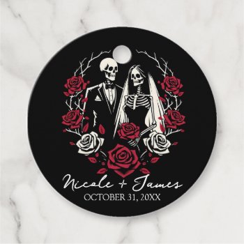 Red & Black White Roses Skeleton Couple Wedding  Favor Tags by printabledigidesigns at Zazzle