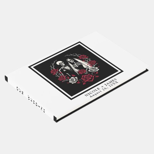 Red  Black White Roses Skeleton Couple Wedding  Guest Book