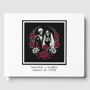 Red & Black White Roses Skeleton Couple Wedding Guest Book