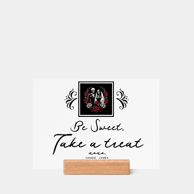 Red & Black White Roses Skeleton Couple Wedding  Holder (Woodblock)