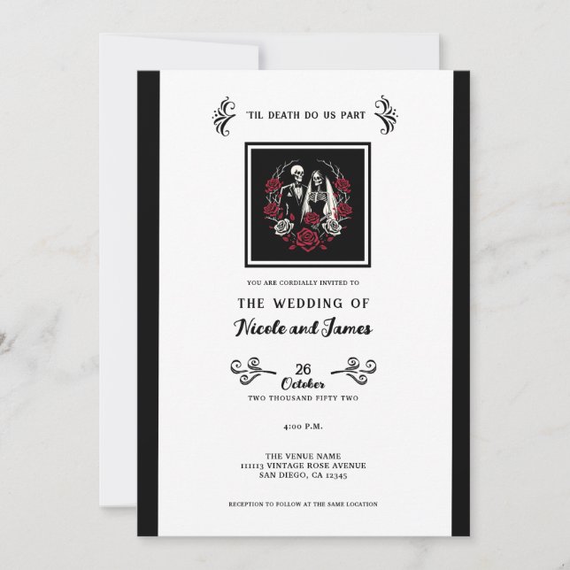 Red & Black White Roses Skeleton Couple Wedding Invitation (Front)