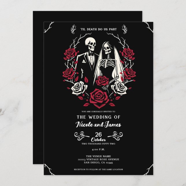 Red & Black White Roses Skeleton Couple Wedding  Invitation (Front/Back)