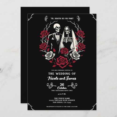 Red  Black White Roses Skeleton Couple Wedding  Invitation