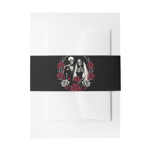 Red  Black White Roses Skeleton Couple Wedding  Invitation Belly Band