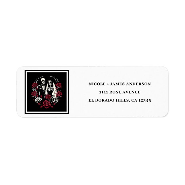 Red & Black White Roses Skeleton Couple Wedding  Label (Front)