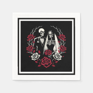 Red & Black White Roses Skeleton Couple Wedding Napkins