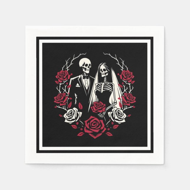 Red & Black White Roses Skeleton Couple Wedding  Napkins (Front)