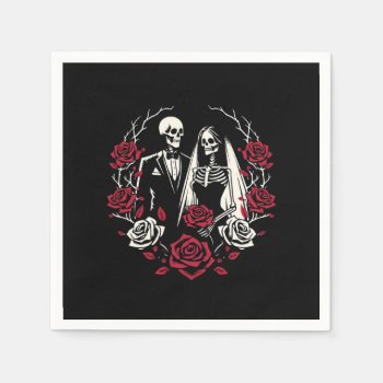 Red & Black White Roses Skeleton Couple Wedding  Napkins by printabledigidesigns at Zazzle