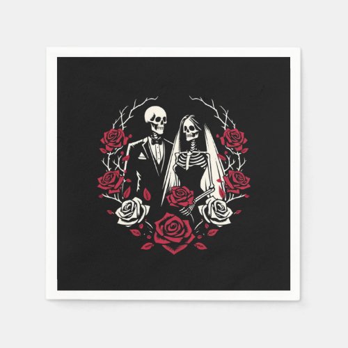 Red  Black White Roses Skeleton Couple Wedding  Napkins