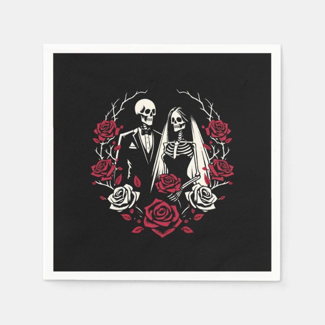Red & Black White Roses Skeleton Couple Wedding  Napkins (Front)