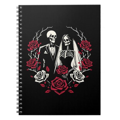 Red  Black White Roses Skeleton Couple Wedding  Notebook