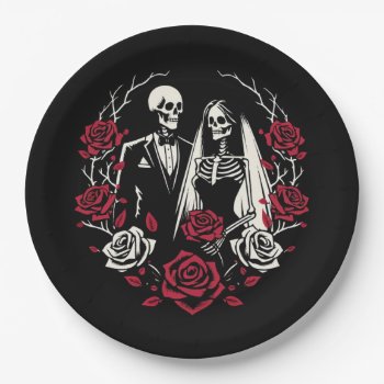 Red & Black White Roses Skeleton Couple Wedding  Paper Plates by printabledigidesigns at Zazzle