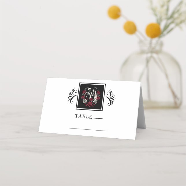 Red & Black White Roses Skeleton Couple Wedding  Place Card (Front)