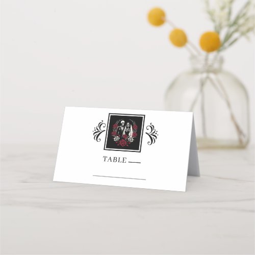 Red  Black White Roses Skeleton Couple Wedding  Place Card