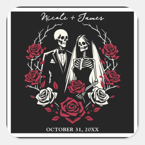 Red  Black White Roses Skeleton Couple Wedding  Square Sticker