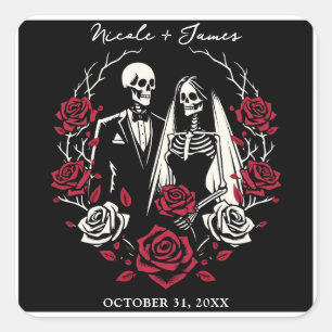 Red & Black White Roses Skeleton Couple Wedding  Square Sticker
