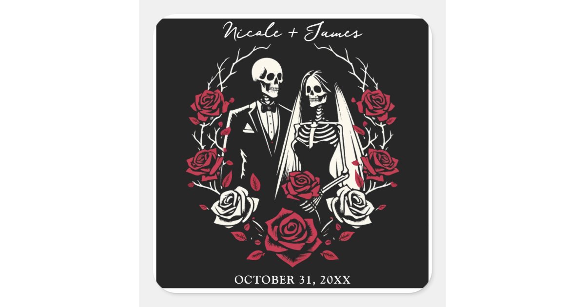 Red & Black White Roses Skeleton Couple Wedding Square Sticker | Zazzle