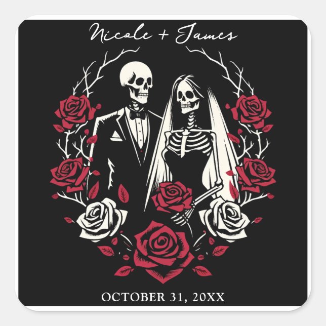 Red & Black White Roses Skeleton Couple Wedding  Square Sticker (Front)