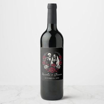 Red & Black White Roses Skeleton Couple Wedding  Wine Label by printabledigidesigns at Zazzle