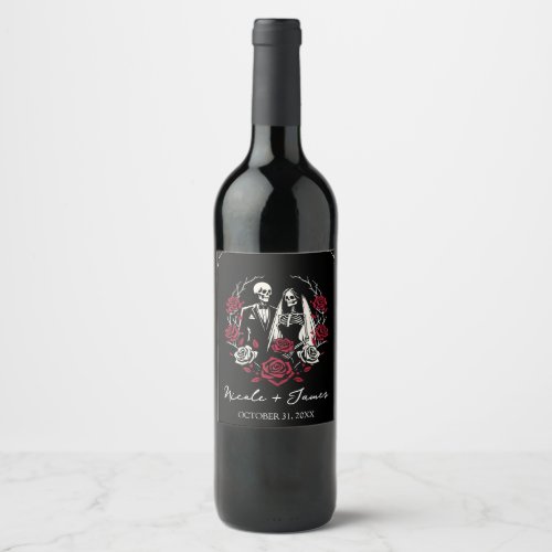 Red  Black White Roses Skeleton Couple Wedding  Wine Label