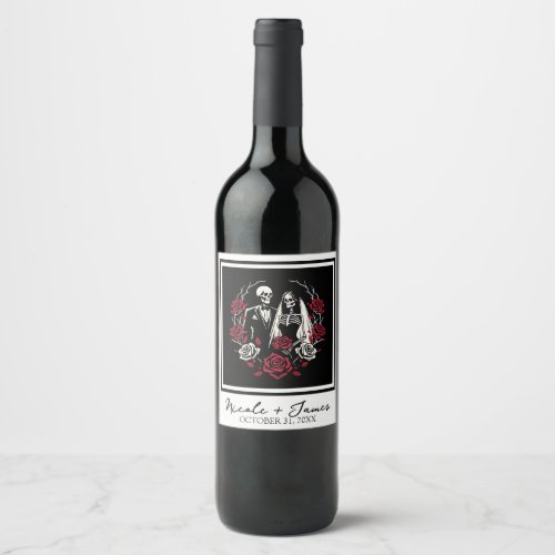 Red  Black White Roses Skeleton Couple Wedding  Wine Label