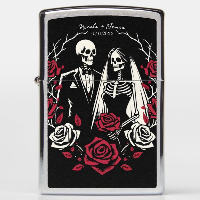 Red & Black White Roses Skeleton Couple Wedding  Zippo Lighter (Front)