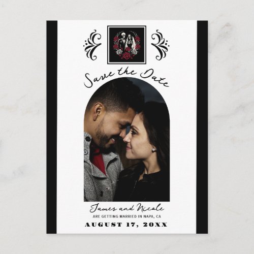 Red  Black White Roses Skeleton Save the Date Announcement Postcard