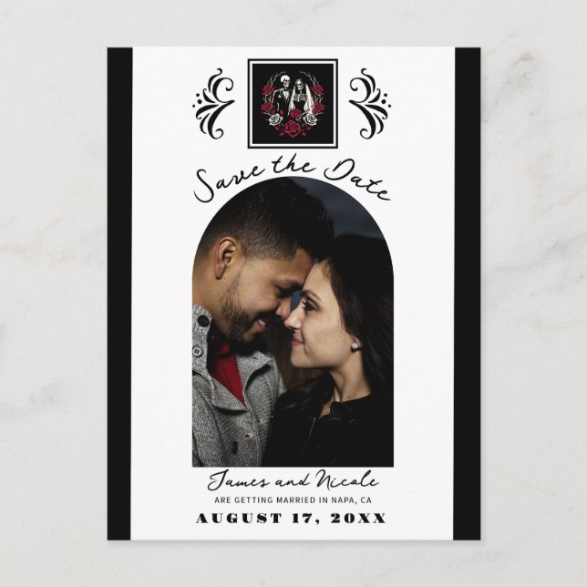 Red & Black White Roses Skeleton Save the Date Announcement Postcard (Front)
