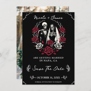 Red & Black White Roses Skeleton Save The Date Invitation by printabledigidesigns at Zazzle