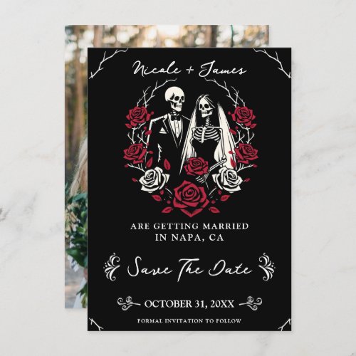 Red  Black White Roses Skeleton Save the Date Invitation