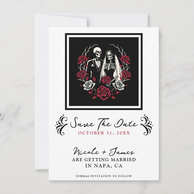 Red & Black White Roses Skeleton Save the Date  Invitation (Front)