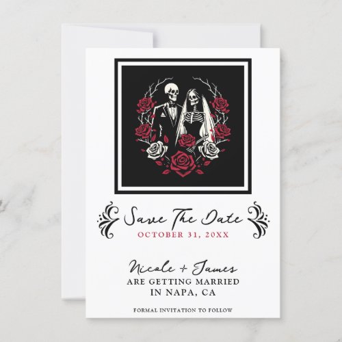 Red  Black White Roses Skeleton Save the Date  Invitation