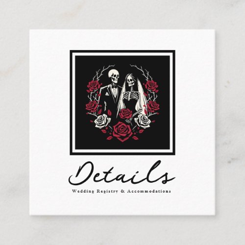 Red  Black White Roses Skeleton Wedding Details Square Business Card