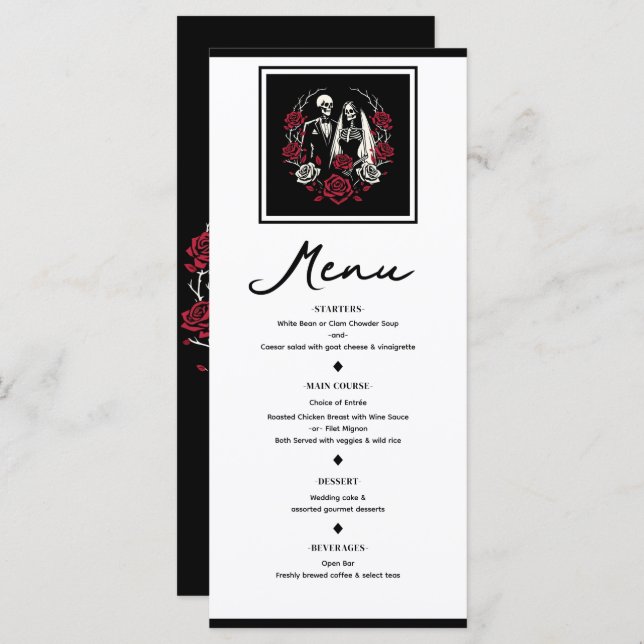 Red & Black White Roses Skeleton Wedding Menu (Front/Back)