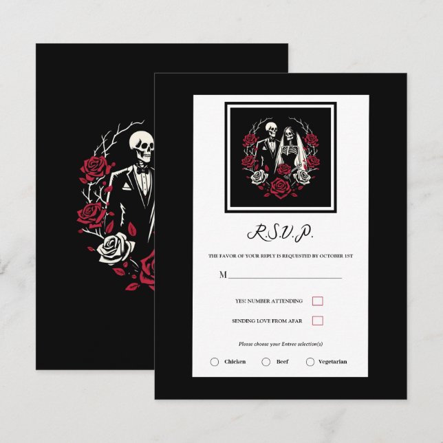 Red & Black White Roses Skeleton Wedding RSVP Invitation (Front/Back)